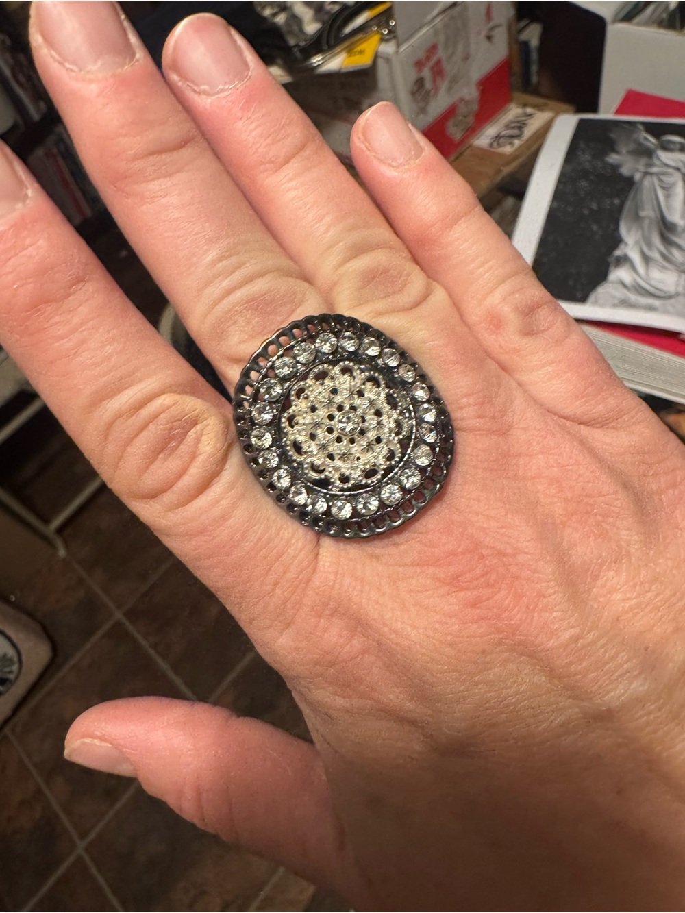Crystal Pavé White Lace Cocktail Statement Ring - Silver and Black